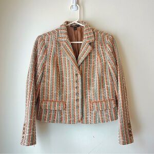 L.L.Bean Women’s Tweed Blazer 12P Brown Orange Teal Wool Lined Button Jacket